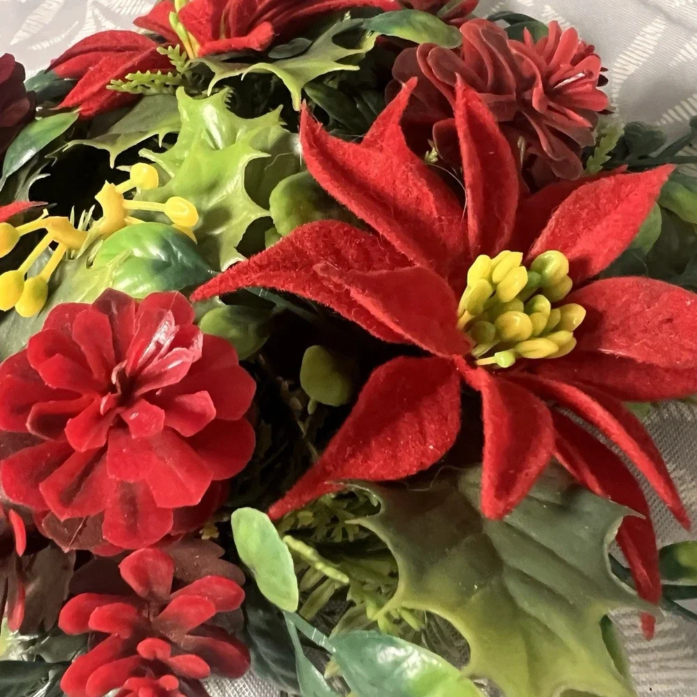 Vintage Christmas Wreath Candle Ring Plastic Holly‎ Poinsettia MCM